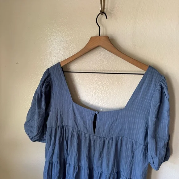 Lulus | Happy Tiers Denim Blue Striped Puff Sleeve Midi Dress - Picture 7 of 7